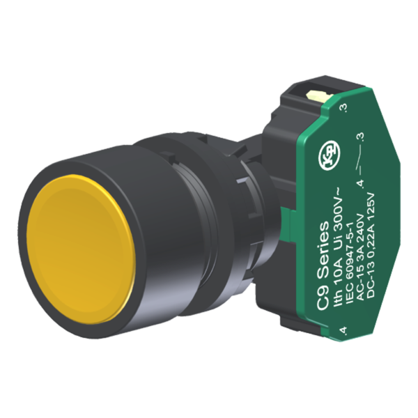 Botão Compacto Raso Amarelo Moldura Redonda 1Na P/ Furo 22Mm C9BNA10 Kap
