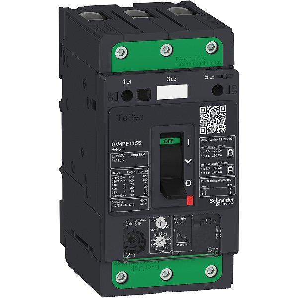 Motor Circuit Breaker, Tesys Gv4, 3P, 80A, Icu 50Ka, Thermal Magnetic, Everlink Terminals GV4PE80N SCHNEIDER