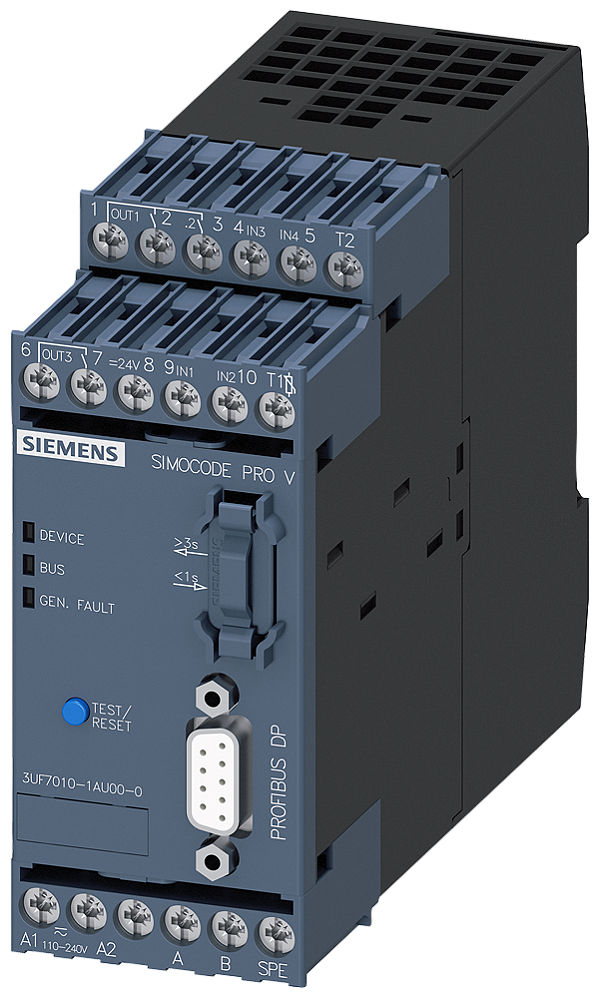 Dispositivo-Base Simocode Pro V Pb Interface Profibus Dp 12 Mbit/S RS-485 4E/3A Livremente Parametrizável Us 110 240 V Ca/Cc Entrada Para A Ligação A Termistor Saídas A Relé Monoestáveis Expansíveis Por Módulos De Expansão 3UF7010-1AU00-0 Siemens
