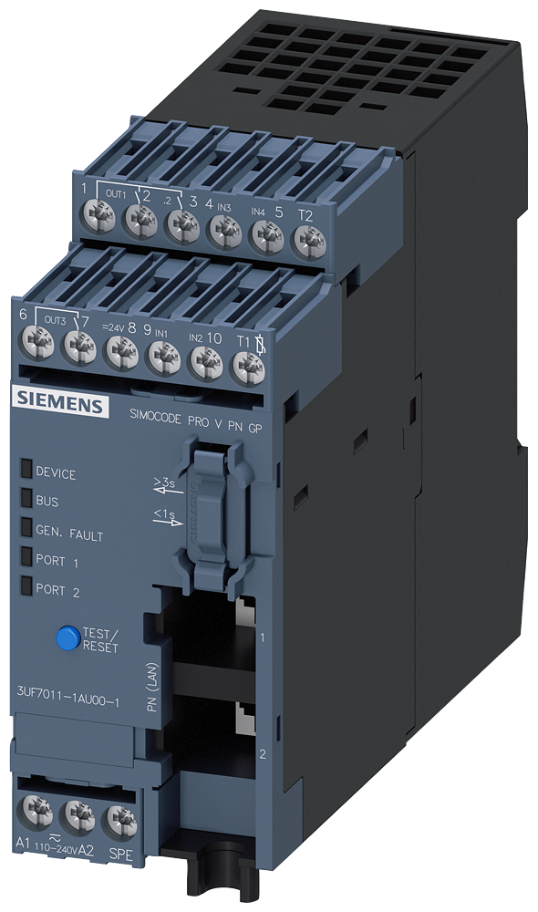 Dispositivo-Base Simocode Pro V Pn Gp Ethernet/Profinet Io Pn Redundância Do Sistema Opc Ua Server Servidor Web Taxa De Transmissão 100 Mbit/S 2 X Conexão De Barramento Via RJ45 4E/3A Livremente Parametrizável Us 110 240 V 3UF7011-1AU00-1 Siemens