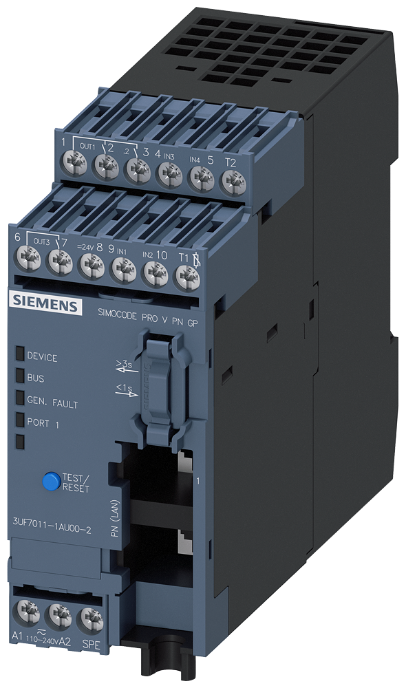 Dispositivo-Base Simocode Pro V Pn Gp Ethernet/Profinet Io Pn Redundância Do Sistema Opc Ua Server Servidor Web Taxa De Transmissão 100 Mbit/S 1 X Conexão De Barramento Via RJ45 4E/3A Livremente Parametrizável Us 110 240 V 3UF7011-1AU00-2 Siemens