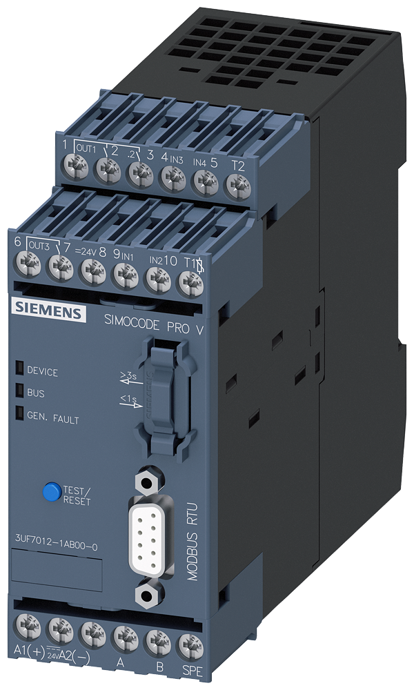 Dispositivo-Base Simocode Pro V Mr Interface Modbus Rtu 57,6 Kbit/S RS-485 4E/3A Livremente Parametrizável Us 24 V Cc Entrada Para A Ligação A Termistor Saídas A Relé Monoestáveis Expansíveis Por Módulos De Expansão Sistema De 3UF7012-1AB00-0 Siemens