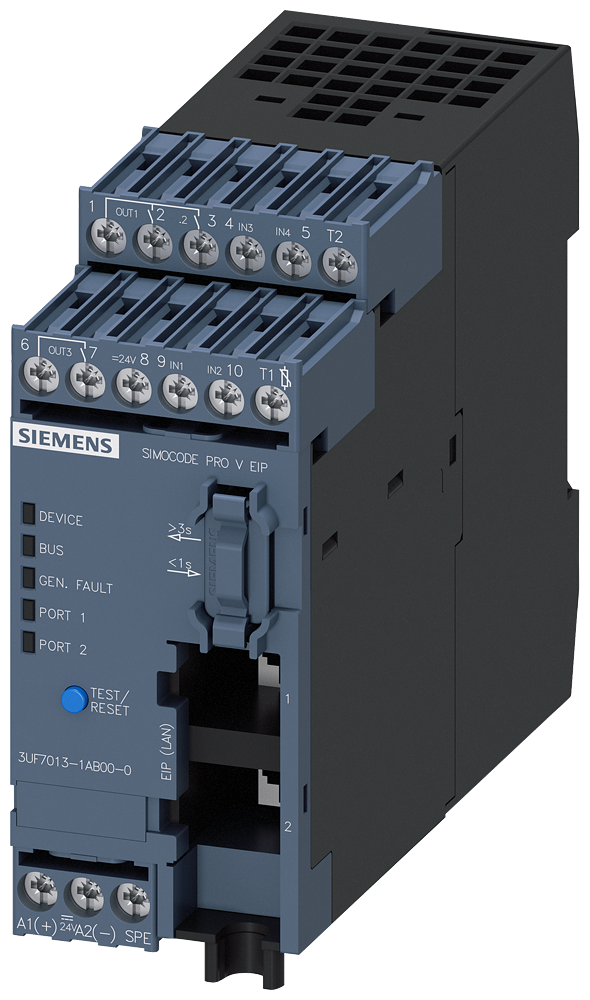 Dispositivo-Base Simocode Pro V Eip Ethernet/Ip Redundância De Mídias Dlr Máx 20 Participantes Servidor Web Taxa De Transferência 100 Mbit/S 2 X Conexão De Barramento Via RJ45 4E/3A Livremente Parametrizável Us 24 V Cc Entrada 3UF7013-1AB00-0 Siemens