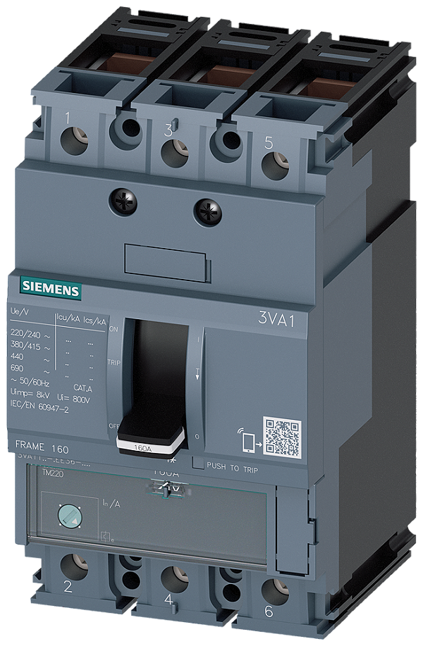 Disjuntor Iec Frame 160 Classe Da Capacidade De Interrupção N Icu 25kA 415V De 3 Polos Proteção De Sistemas TM220 Atfm In 160A Proteção Contra Sobrecarga Ir 112A 160A Proteção Contra Curto-Circuito Ii 10 X In Ligação De 3VA1116-3EE36-0AA0 Siemens