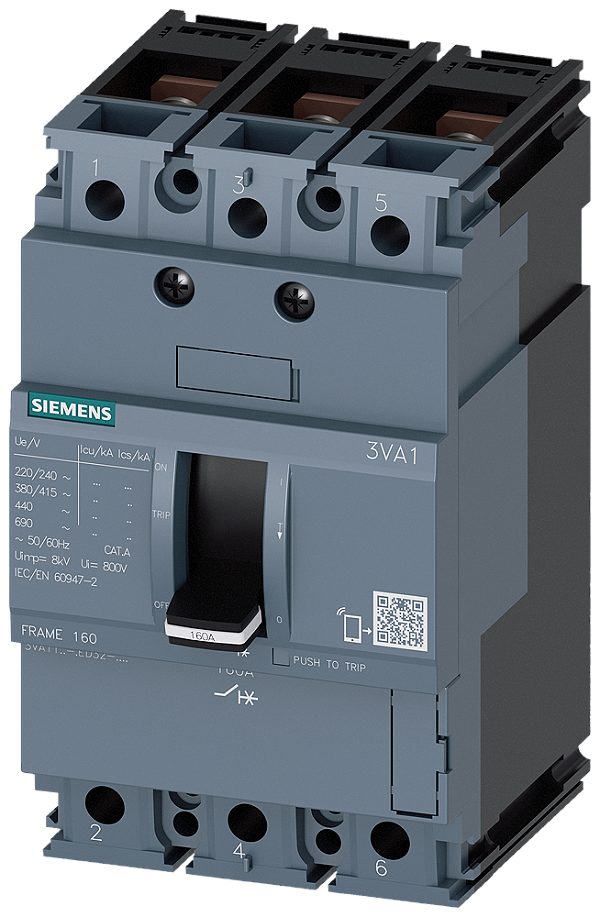 Disjuntor Iec Frame 160 Classe Da Capacidade De Interrupção S Icu 36kA 415V De 3 Polos Proteção De Sistemas TM210 Ftfm In 160A Proteção Contra Sobrecarga Ir 160A Ajustado De Modo Fixo Proteção Contra Curto-Circuito Ii 10 X 3VA1116-4ED32-0AA0 Siemens