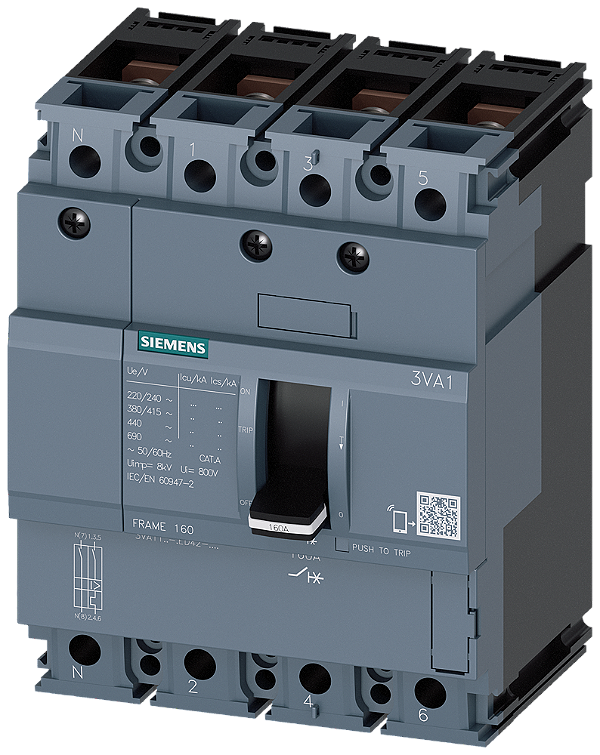 Disjuntor Iec Frame 160 Classe Da Capacidade De Interrupção S Icu 36kA 415V De 4 Polos Proteção De Sistemas TM210 Ftfm In 160A Proteção Contra Sobrecarga Ir 160A Ajustado De Modo Fixo Proteção Contra Curto-Circuito Ii 10 X 3VA1116-4ED42-0AA0 Siemens