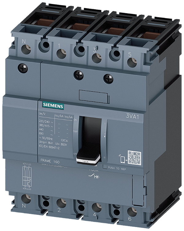 Disjuntor Iec Frame 160 Classe Da Capacidade De Interrupção M Icu 55kA 415V De 4 Polos Proteção De Sistemas TM210 Ftfm In 50A Proteção Contra Sobrecarga Ir 50A Ajustado De Modo Fixo Proteção Contra Curto-Circuito Ii 10 X In 3VA1150-5ED46-0AA0 Siemens