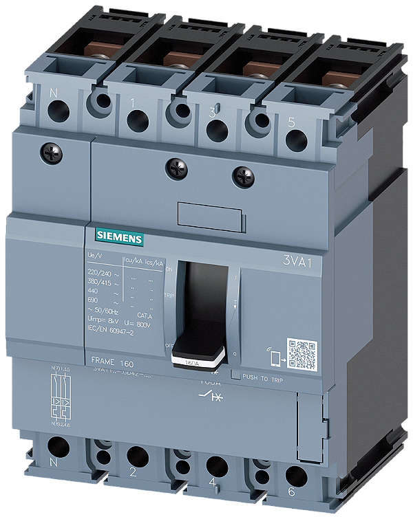 Disjuntor Iec Frame 160 Classe Da Capacidade De Interrupção N Icu 25kA 415V De 4 Polos Proteção De Sistemas TM210 Ftfm In 80A Proteção Contra Sobrecarga Ir 80A Ajustado De Modo Fixo Proteção Contra Curto-Circuito Ii 10 X In 3VA1180-3GD42-0AA0 Siemens