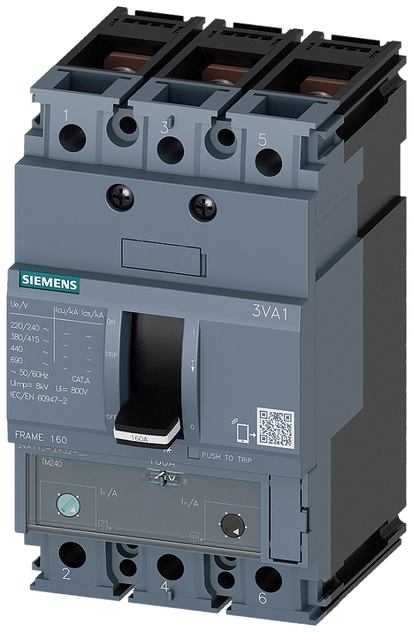 Disjuntor Iec Frame 160 Classe Da Capacidade De Interrupção H Icu 70kA 415V De 3 Polos Proteção De Sistemas TM240 Atam In 80A Proteção Contra Sobrecarga Ir 56A 80A Proteção Contra Curto-Circuito Ii 5 10 X In Conexão Roscada 3VA1180-6EF32-0AA0 Siemens