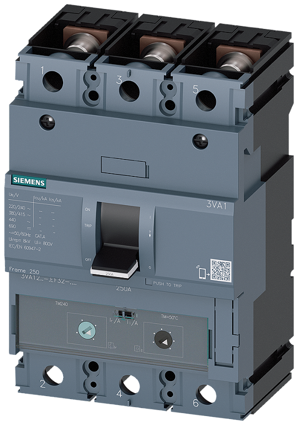 Disjuntor Iec Frame 250 Classe Da Capacidade De Interrupção M Icu 55kA 415V De 3 Polos Proteção De Sistemas TM240 Atam In 250A Proteção Contra Sobrecarga Ir 175A 250A Proteção Contra Curto-Circuito Ii 5 10 X In Conexão 3VA1225-5EF32-0AA0 Siemens