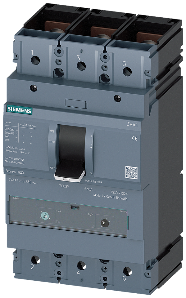 Disjuntor Iec Frame 630 Classe Da Capacidade De Interrupção C Icu 110kA 415 V De 3 Polos Proteção De Sistemas TM240 Atam In 630A Proteção Contra Sobrecarga Ir 440A 630A Proteção Contra Curto-Circuito Ii 4 8 X In Conexão 3VA1463-7EF32-0AA0 Siemens