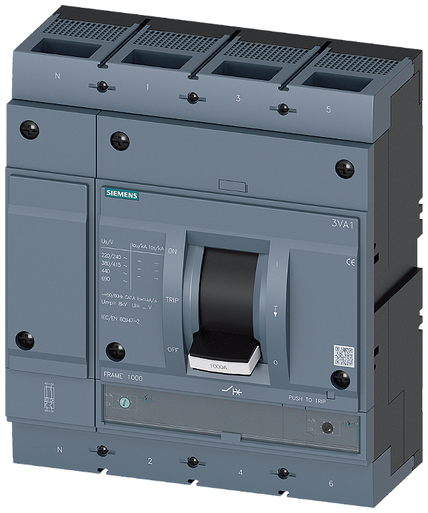 Disjuntor Iec Frame 1000 Classe Da Capacidade De Interrupção M Icu 55kA 415V De 4 Polos Proteção De Sistemas TM240 Atam In 630A Proteção Contra Sobrecarga Ir 440A 630A Proteção Contra Curto-Circuito Ii 5 10 X In Proteção De 3VA1563-5GF42-0AA0 Siemens