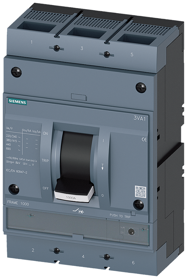 Disjuntor Iec Frame 1000 Classe Da Capacidade De Interrupção C Icu 110kA 415V De 3 Polos Proteção Do Arrancador TM120M Am In 800A Sem Proteção Contra Sobrecarga Proteção Contra Curto-Circuito Ii 6 12 X In Conexão Roscada 3VA1580-7MH32-0AA0 Siemens