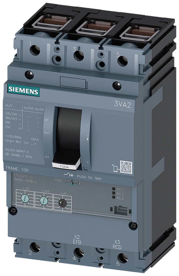 Disjuntor Iec Frame 100 Classe Da Capacidade De Interrupção L Icu 150kA 415V De 3 Polos Proteção De Sistemas ETU320 Li In 40A Proteção Contra Sobrecarga Ir 16A 40A Proteção Contra Curto-Circuito Ii 1,5 12 X In Ligação De 3VA2040-8HL36-0AA0 Siemens