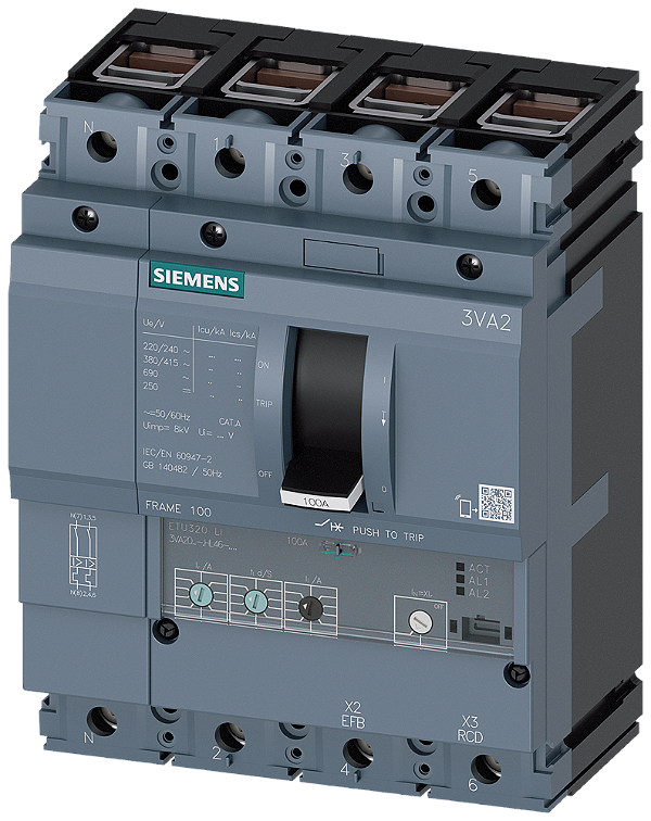 Disjuntor Iec Frame 100 Classe Da Capacidade De Interrupção M Icu 55kA 415V De 4 Polos Proteção De Sistemas ETU320 Li In 63A Proteção Contra Sobrecarga Ir 25A 63A Proteção Contra Curto-Circuito Ii 1,5 12 X In Proteção De 3VA2063-5HL46-0AA0 Siemens
