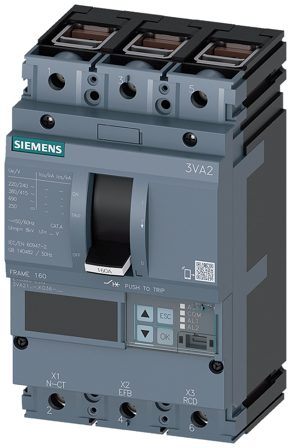 Disjuntor Iec Frame 160 Classe Da Capacidade De Interrupção E Icu 200 Ka 415 V De 3 Polos Proteção De Sistemas ETU860 Lsig In 100A Proteção Contra Sobrecarga Ir 40A 100A Proteção Contra Curto-Circuito Isd 0,6 10xIn Ii 1,5 3VA2110-0KQ36-0AA0 Siemens