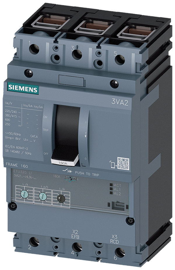 Disjuntor Iec Frame 160 Classe Da Capacidade De Interrupção M Icu 55kA 415V De 3 Polos Proteção De Sistemas ETU320 Li In 100A Proteção Contra Sobrecarga Ir 40A 100A Proteção Contra Curto-Circuito Ii 1,5 12 X In Ligação De 3VA2110-5HL36-0AA0 Siemens