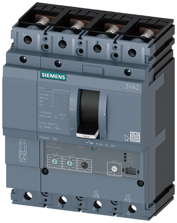 Disjuntor Iec Frame 160 Classe Da Capacidade De Interrupção M Icu 55kA 415V De 4 Polos Proteção De Sistemas ETU320 Li In 100A Proteção Contra Sobrecarga Ir 40A 100A Proteção Contra Curto-Circuito Ii 1,5 12 X In Proteção De 3VA2110-5HL42-0AA0 Siemens