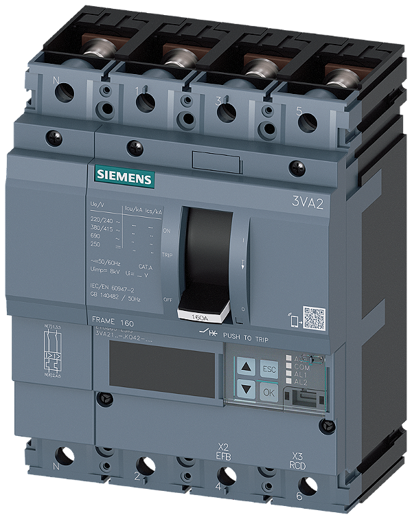 Disjuntor Iec Frame 160 Classe Da Capacidade De Interrupção M Icu 55kA 415V De 4 Polos Proteção De Sistemas ETU860 Lsig In 100A Proteção Contra Sobrecarga Ir 40A 100A Proteção Contra Curto-Circuito Isd 0,6 10x In Ii 1,5 12x 3VA2110-5KQ42-0AA0 Siemens