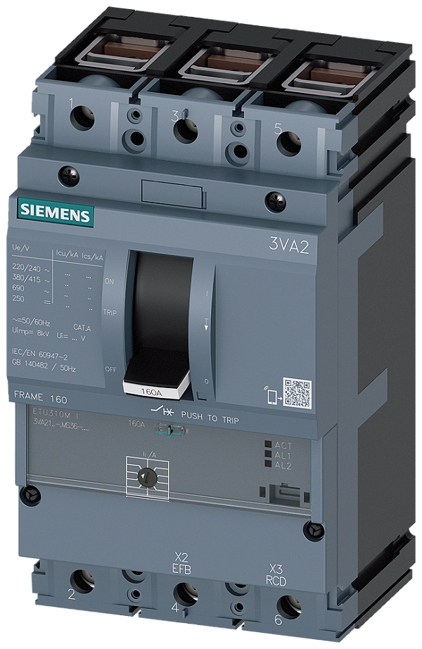 Disjuntor Iec Frame 160 Classe Da Capacidade De Interrupção C Icu 110kA 415V De 3 Polos Proteção Do Arrancador ETU310M I In 63A Sem Proteção Contra Sobrecarga Proteção Contra Curto-Circuito Ii 3 15 X In Ligação De Terminal 3VA2163-7MS36-0AA0 Siemens