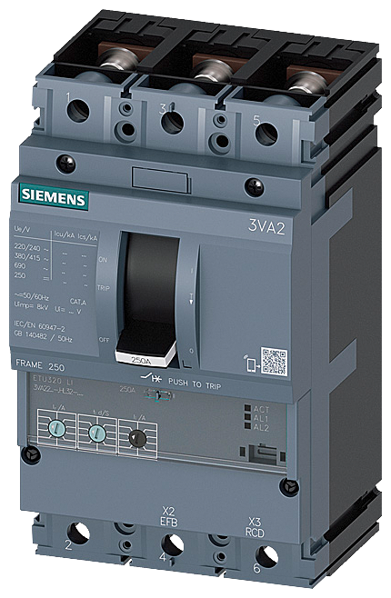 Disjuntor Iec Frame 250 Classe Da Capacidade De Interrupção C Icu 110kA 415V De 3 Polos Proteção De Sistemas ETU320 Li In 160A Proteção Contra Sobrecarga Ir 63A 160A Proteção Contra Curto-Circuito Ii 1,5 12 X In Conexão 3VA2216-7HL32-0AA0 Siemens