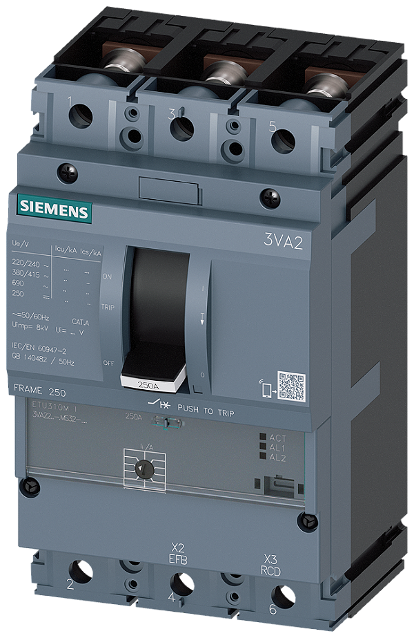 Disjuntor Iec Frame 250 Classe Da Capacidade De Interrupção C Icu 110kA 415 V De 3 Polos Proteção De Motor ETU550M Lsi In 160A Proteção Contra Sobrecarga Ir 63A 160A Proteção Contra Curto-Circuito Isd 1,2 15x In Ii 3 15x In 3VA2216-7MP32-0AA0 Siemens