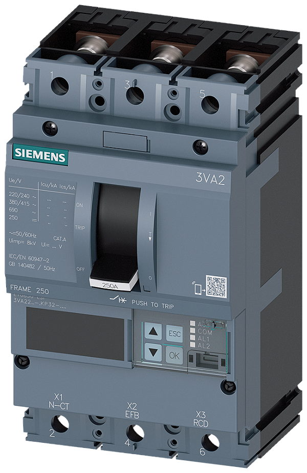 Disjuntor Iec Frame 250 Classe Da Capacidade De Interrupção E Icu 200 Ka 415 V De 3 Polos Proteção De Sistemas ETU850 Lsi In 250A Proteção Contra Sobrecarga Ir 100A 250A Proteção Contra Curto-Circuito Isd 0,6 10xIn Ii 1,5 3VA2225-0KP32-0AA0 Siemens