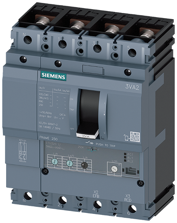 Disjuntor Iec Frame 250 Classe Da Capacidade De Interrupção M Icu 55kA 415V De 4 Polos Proteção De Sistemas ETU320 Li In 250A Proteção Contra Sobrecarga Ir 100A 250A Proteção Contra Curto-Circuito Ii 1,5 10 X In Proteção De 3VA2225-5HL42-0AA0 Siemens