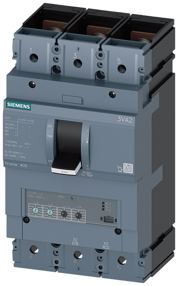 Disjuntor Iec Frame 400 Classe Da Capacidade De Interrupção E Icu 200 Ka 415 V De 3 Polos Proteção De Sistemas ETU350 Lsi In 250A Proteção Contra Sobrecarga Ir 100A 250A Proteção Contra Curto-Circuito Isd 1,5 10xIr Ii 12xIn 3VA2325-0HN32-0AA0 Siemens