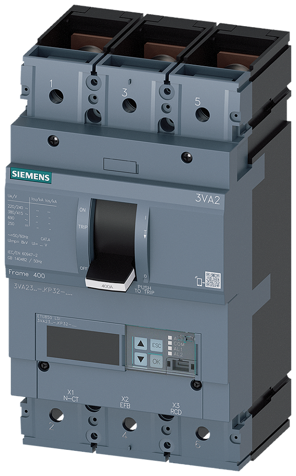Disjuntor Iec Frame 400 Classe Da Capacidade De Interrupção E Icu 200 Ka 415 V De 3 Polos Proteção De Sistemas ETU850 Lsi In 250A Proteção Contra Sobrecarga Ir 100A 250A Proteção Contra Curto-Circuito Isd 0,6 10xIn Ii 1,5 3VA2325-0KP32-0AA0 Siemens