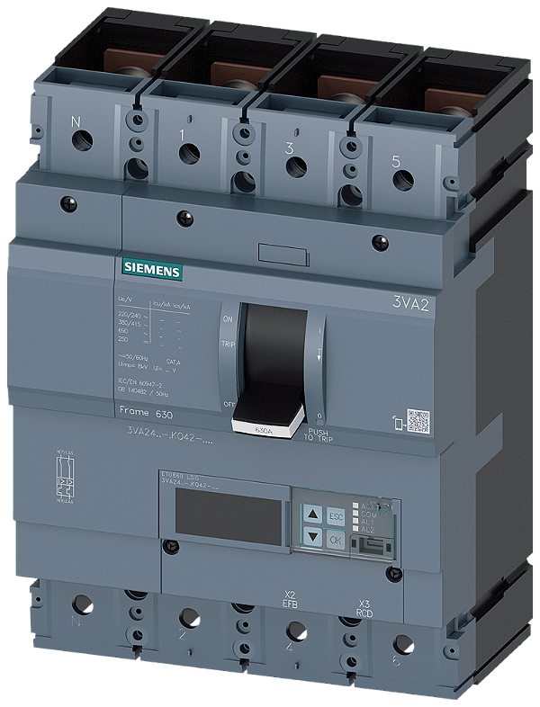 Disjuntor Iec Frame 630 Classe Da Capacidade De Interrupção M Icu 55kA 415V De 4 Polos Proteção De Sistemas ETU860 Lsig In 400A Proteção Contra Sobrecarga Ir 160A 400A Proteção Contra Curto-Circuito Isd 0,6 10x In Ii 1,5 3VA2440-5KQ42-0AA0 Siemens