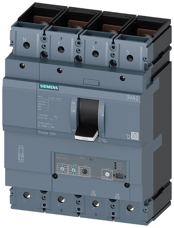 Disjuntor Iec Frame 630 Classe Da Capacidade De Interrupção M Icu 55kA 415V De 4 Polos Proteção De Sistemas ETU320 Li In 630A Proteção Contra Sobrecarga Ir 250A 630A Proteção Contra Curto-Circuito Ii 1,5 9x In Proteção Do 3VA2463-5HL42-0AA0 Siemens
