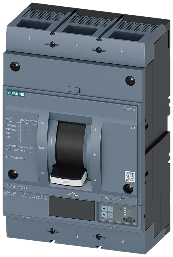 Disjuntor Iec Frame 1000 Classe Da Capacidade De Interrupção C Icu 110kA 415 V De 3 Polos Proteção De Motor ETU550M Lsi In 630A Proteção Contra Sobrecarga Ir 250A 630A Proteção Contra Curto-Circuito Isd 1,2 15x In Ii 3 15x 3VA2563-7MP32-0AA0 Siemens