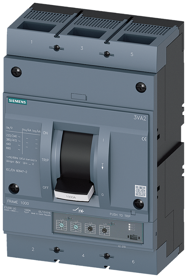 Disjuntor Iec Frame 1000 Classe Da Capacidade De Interrupção M Icu 55kA 415V De 3 Polos Proteção De Sistemas ETU330 Lig In 800A Proteção Contra Sobrecarga Ir 320A 800A Proteção Contra Curto-Circuito Ii 1,5 10 X In Proteção 3VA2580-5HM32-0AA0 Siemens