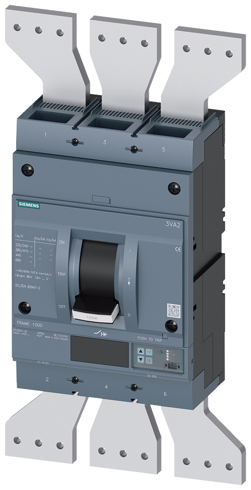 Disjuntor Iec Frame 1250 Classe Da Capacidade De Interrupção M Icu 55kA 415 V De 3 Polos Proteção De Sistemas ETU550 Lsi In 1250A Proteção Contra Sobrecarga Ir 500A 1250A Proteção Contra Curto-Circuito Isd 0,6 10x In Ii 1,5 3VA2612-5JP32-0AA0 Siemens