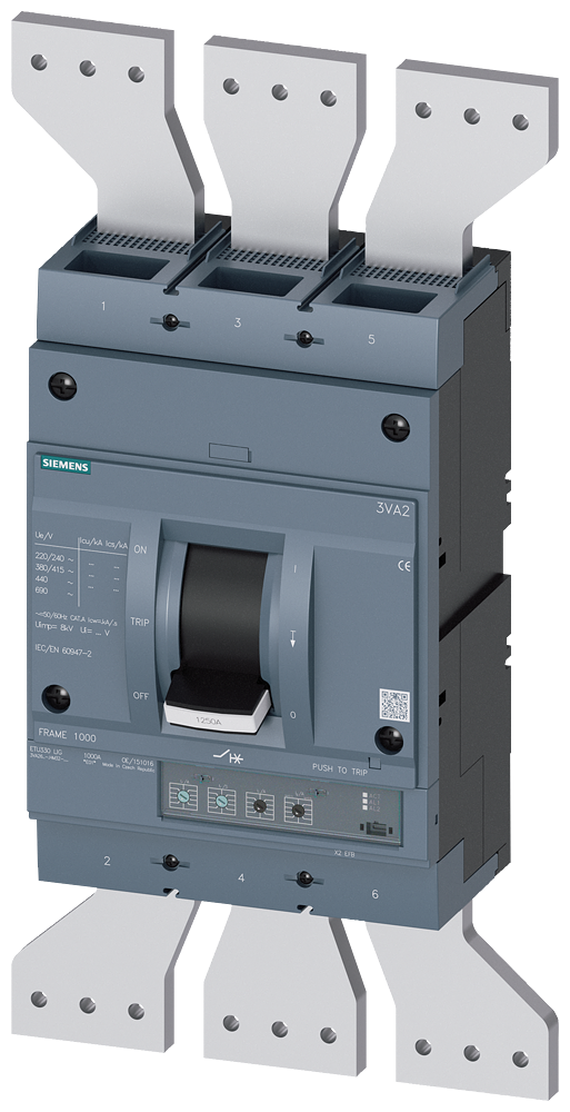 Disjuntor Iec Frame 1250 Classe Da Capacidade De Interrupção H Icu 85kA 415 V De 3 Polos Proteção De Sistemas ETU330 Lig In 1250A Proteção Contra Sobrecarga Ir 500A 1250A Proteção Contra Curto-Circuito Ii 1,5 10 X In 3VA2612-6HM32-0AA0 Siemens