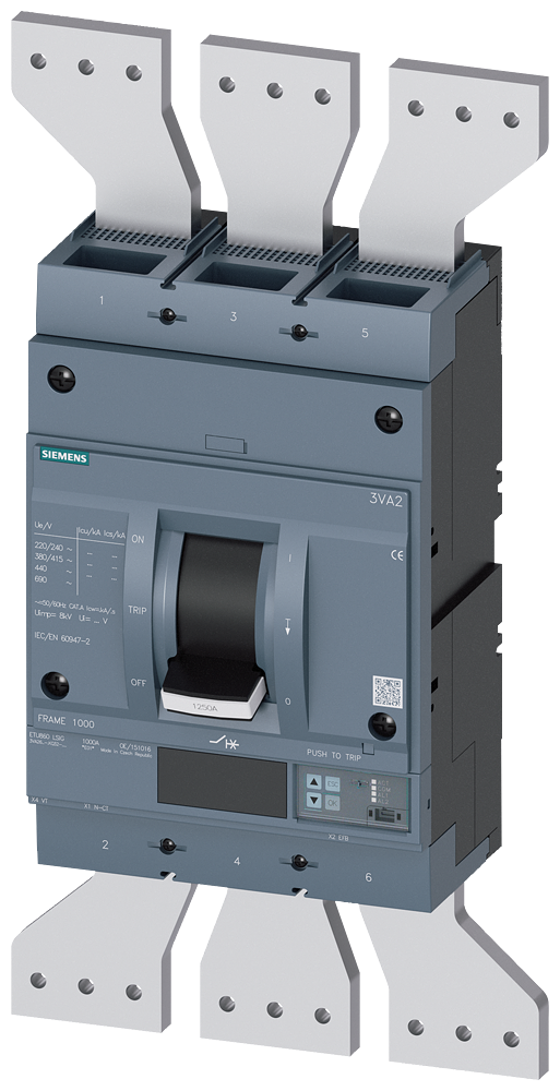 Disjuntor Iec Frame 1250 Classe Da Capacidade De Interrupção H Icu 85kA 415 V De 3 Polos Proteção De Sistemas ETU860 Lsig In 1250A Proteção Contra Sobrecarga Ir 500A 1250A Proteção Contra Curto-Circuito Isd 0,6 10x In Ii 3VA2612-6KQ32-0AA0 Siemens