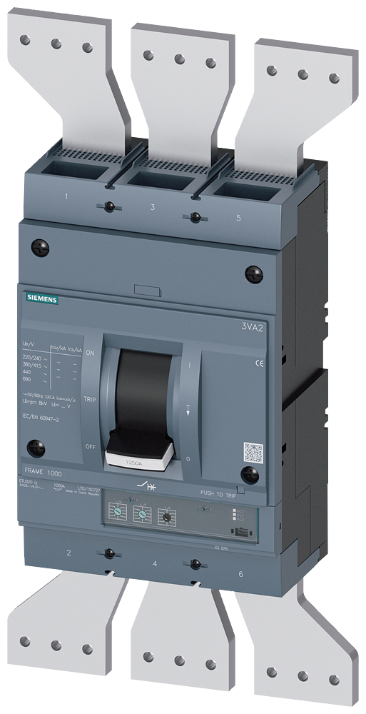 Disjuntor Iec Frame 1250 Classe Da Capacidade De Interrupção C Icu 110kA 415 V De 3 Polos Proteção De Sistemas ETU320 Li In 1250A Proteção Contra Sobrecarga Ir 500A 1250A Proteção Contra Curto-Circuito Ii 1,5 10 X In 3VA2612-7HL32-0AA0 Siemens