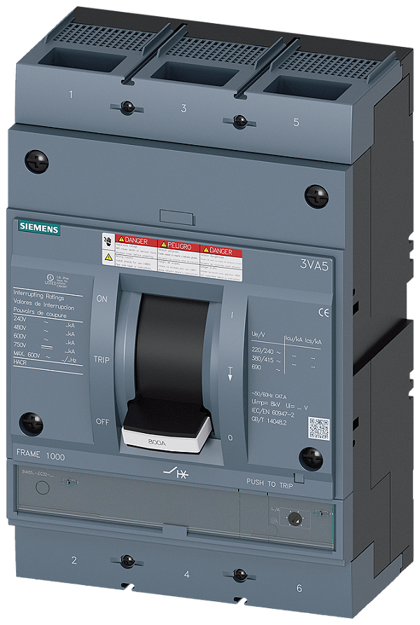 Disjuntor Ul Frame 800 Classe Da Capacidade De Interrupção H 65kA 480 V De 3 Polos Proteção De Sistemas TM230 Ftam In 800A Proteção Contra Sobrecarga Ir 800A Ajustado De Modo Fixo Proteção Contra Curto-Circuito Ii 5 10 X In 3VA5580-6EC32-0AA0 Siemens