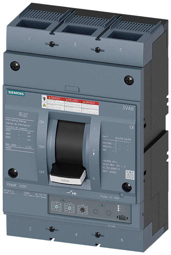 Disjuntor Ul Frame 1000 Classe Da Capacidade De Interrupção H 65kA 480 V De 3 Polos Proteção De Sistemas ETU320 Li In 1000A Proteção Contra Sobrecarga Ir 400A 1000A Proteção Contra Curto-Circuito Ii 1,5 12 X In Conexão 3VA6610-6HL32-0AA0 Siemens