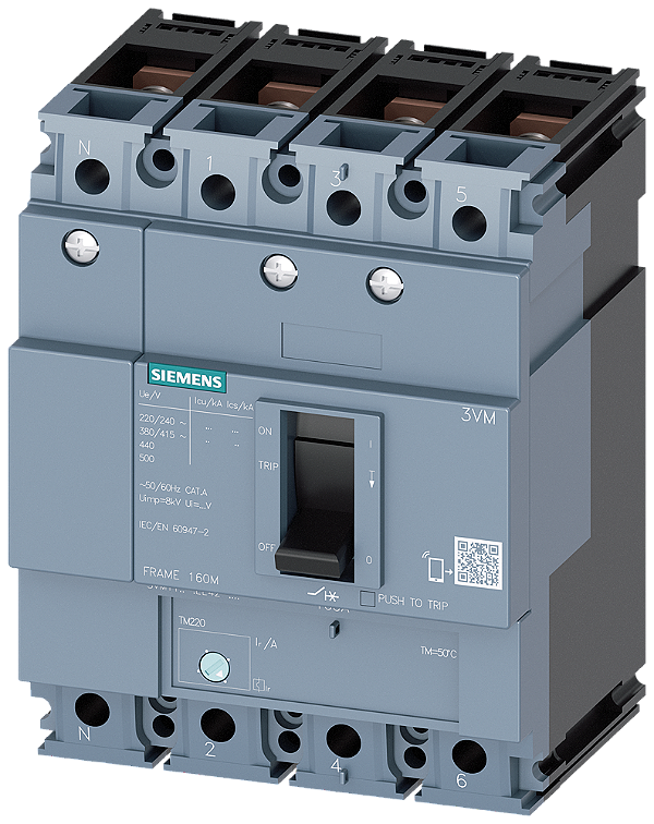 Disjuntor Iec Frame 160 Classe Da Capacidade De Comutação N Icu 25kA 415V De 4 Polos Proteção De Instalações TM220 Atfm In 20A Proteção Contra Sobrecarga Ir 14A 20A Proteção Contra Curto-Circuito Ii 16 X In Condutor N Não 3VM1120-3EE42-0AA0 Siemens