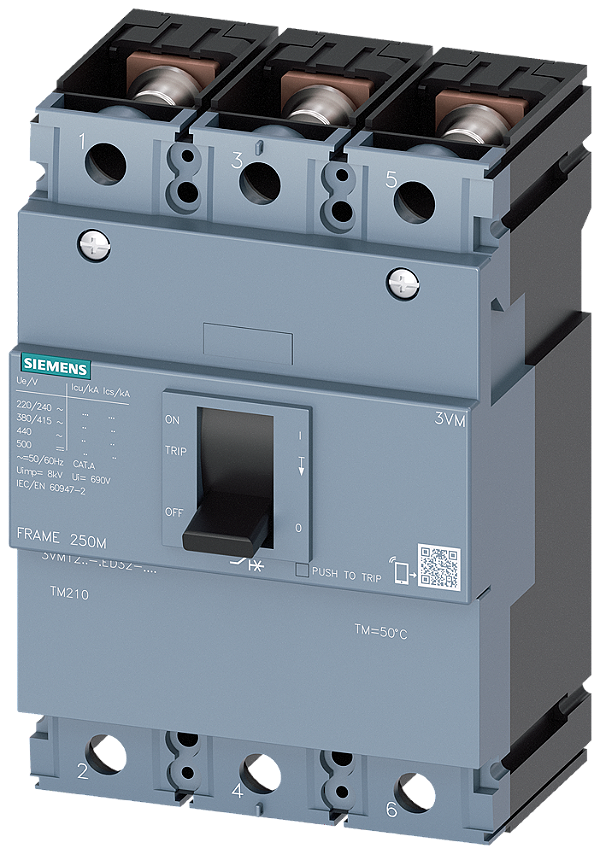 Disjuntor Iec Frame 250 Classe Da Capacidade De Comutação S Icu 36kA 415V De 3 Polos Proteção De Instalações TM210 Ftfm In 250A Proteção Contra Sobrecarga Ir 250A Ajustado De Modo Fixo Proteção Contra Curto-Circuito Ii 10 X 3VM1225-4ED32-0AA0 Siemens