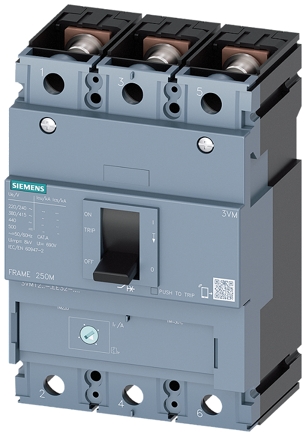 Disjuntor Iec Frame 250 Classe Da Capacidade De Comutação S Icu 36kA 415V De 3 Polos Proteção De Instalações TM220 Atfm In 250A Proteção Contra Sobrecarga Ir 175A 250A Proteção Contra Curto-Circuito Ii 10 X In Conexão 3VM1225-4EE32-0AA0 Siemens