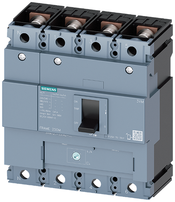 Disjuntor Iec Frame 250 Classe Da Capacidade De Comutação S Icu 36kA 415V De 4 Polos Proteção De Instalações TM220 Atfm In 250A Proteção Contra Sobrecarga Ir 175A 250A Proteção Contra Curto-Circuito Ii 10 X In Condutor N 3VM1225-4EE42-0AA0 Siemens