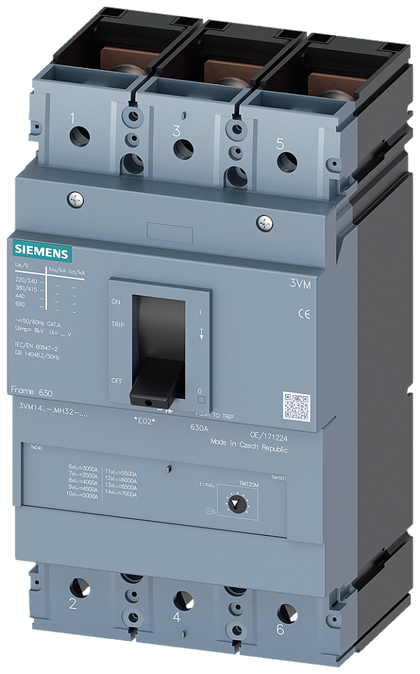 Disjuntor Iec Frame 630 Classe Da Capacidade De Comutação M Icu 55kA 415V De 3 Polos Proteção Do Arrancador TM120M Am In 400A Sem Proteção Contra Sobrecarga Proteção Contra Curto-Circuito Ii 8 16 X In Conexão Roscada Plana 3VM1440-5MH32-0AA0 Siemens