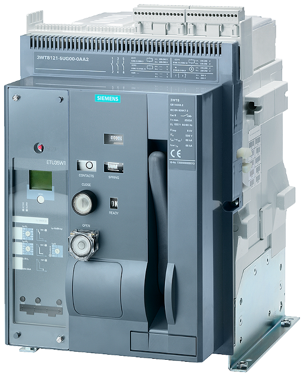 Disjuntor De Potência De Montagem Fixa De 3 Polos Tamanho 1 In 800A Até 500V Ca 50/60Hz Icu 55kA A 500V Com Bloqueio Contra Religamento Mecânico Com Contato De Sinalização De Disparo Com Indicadores Acionados 3WT8080-5AA00-0AA2 Siemens