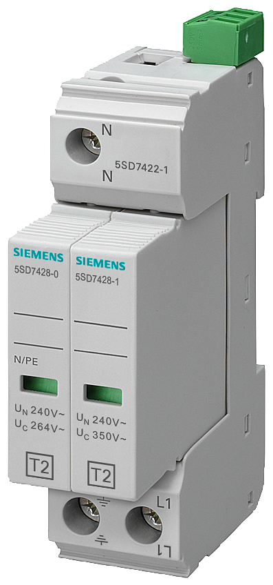Dispositivo De Descarga De Sobretensões Tipo 2 Classe De Requisito C Uc 350V Módulos De Proteção Encaixáveis De 2 Polos Chaveamento 1+1 Para Sistemas Tn-S E Tt Com Indicação Frn Forma Da Estrutura Estreita Aparelhos De Proteção 5SD7422-1 Siemens