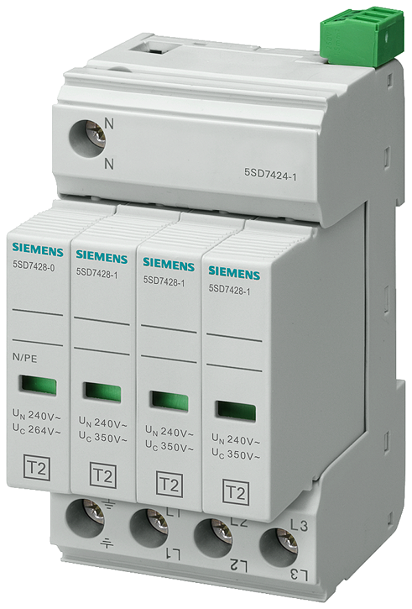 Dispositivo De Descarga De Sobretensões Tipo 2 Classe De Requisito C Uc 350V Módulos De Proteção Encaixáveis De 4 Polos Chaveamento 3+1 Para Sistemas Tn-S E Tt Com Indicação Frn Forma Da Estrutura Estreita Aparelhos De Proteção 5SD7424-1 Siemens