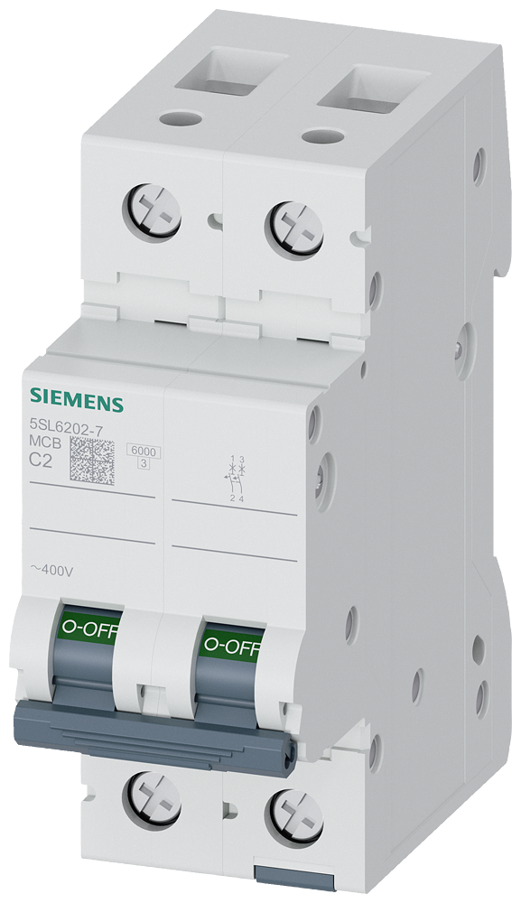 Minidisjuntor 400V 6kA De 2 Polos C 2A Disjuntores Sentron Para A Proteção Segura Contra Curto-Circuito E Sobrecarga Para Aplicações Padrão Em Habitações E Edifícios Montagem E Desmontagem Do Aparelho Sem Ferramenta Cablagem 5SL6202-7MB Siemens