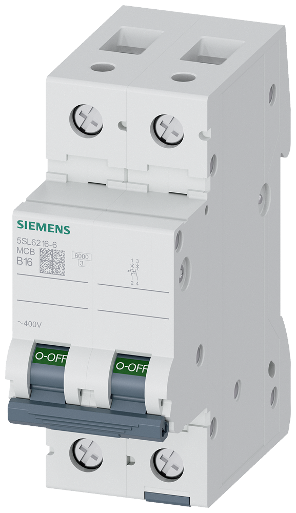 Minidisjuntor 400V 6kA De 2 Polos B 16A Disjuntores Sentron Para A Proteção Segura Contra Curto-Circuito E Sobrecarga Para Aplicações Padrão Em Habitações E Edifícios Montagem E Desmontagem Do Aparelho Sem Ferramenta Cablagem 5SL6216-6MB Siemens